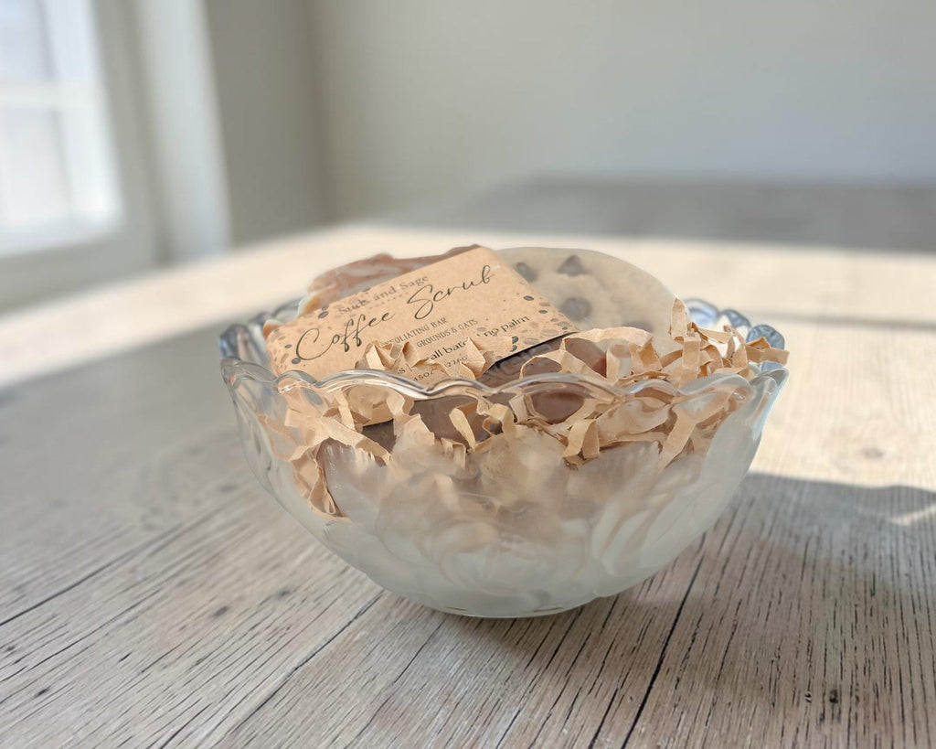 Vintage rose glass bowl filled with Coffee Scrub and Chocolate Chip CookieBar artisan soaps, styled as a thoughtful gift set.