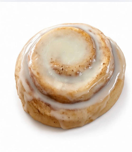 A single glazed cinnamon roll on a plain white background.