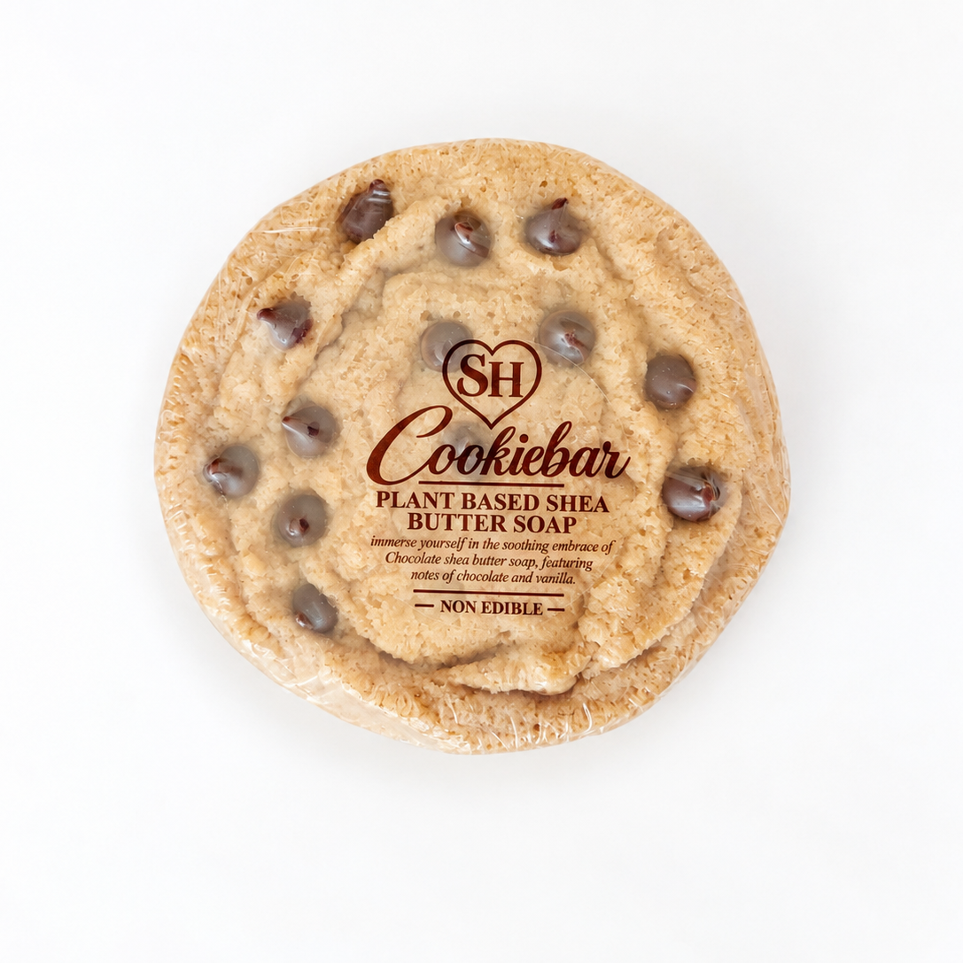 chocolate chip cookie bar shea butter soap on white background