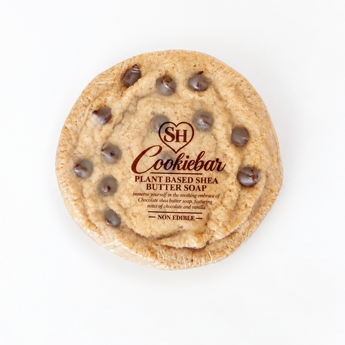 chocolate chip cookie bar shea butter soap on white background